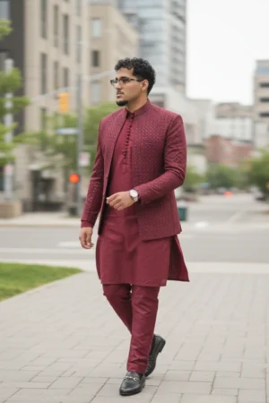 PrinceCoat - Red with Raw Silk Kurta Pajama