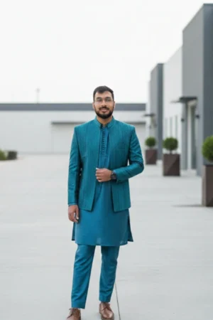 PrinceCoat - Blue with Raw Silk Kurta Pajama