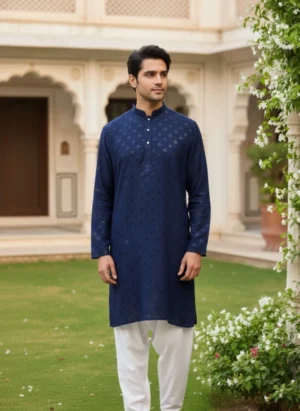 Kurta with White Pajama- Navy Blue