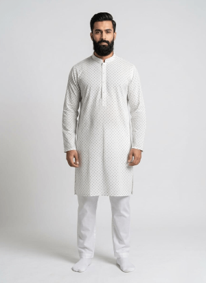 Kurta With Straight Pajama White with Black Dots