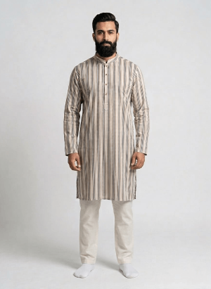 Kurta With Straight Pajama Beige with Black Stripes