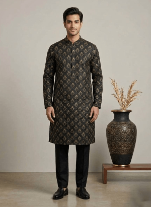 Kurta With Straight Pajama Black & Gold