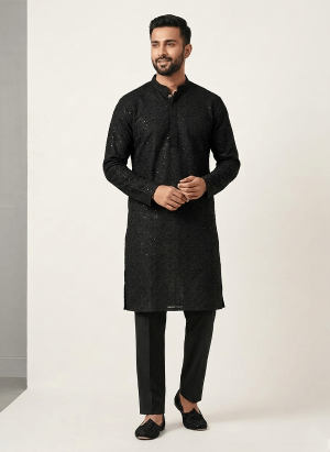 Kurta With Straight Pajama Shiny Black