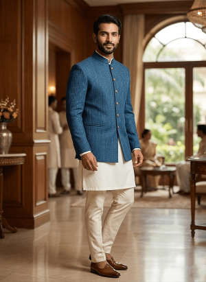 Prince Coat with Matching Kurta Pajama Turquoise